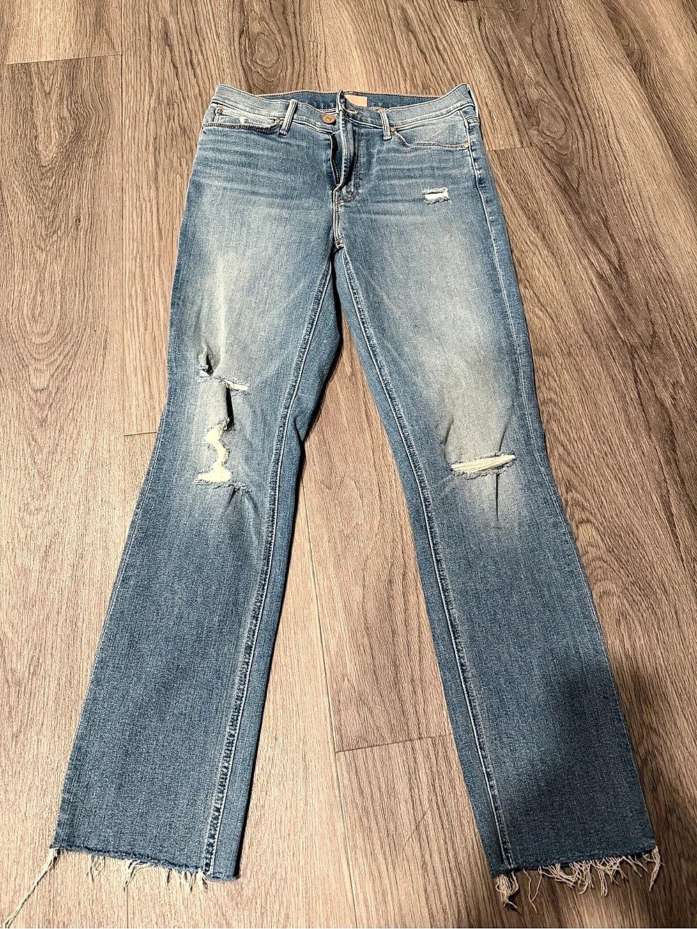 MOTHER Blue Distressed Bootcut Jeans 27